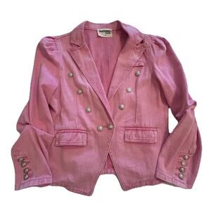 SAVANNA JANE Puff Sleeve Pink Denim Moto Jacket Sz Medium Silver Buttons Fitted